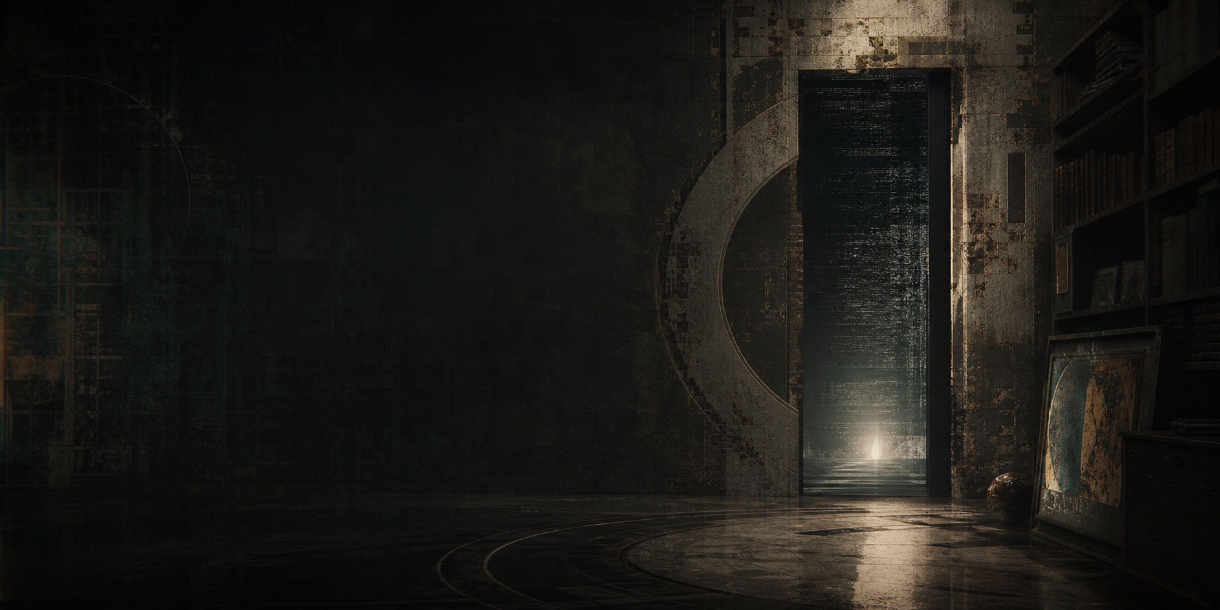 A dark archival room with a quiet illuminated threshold in the distance.